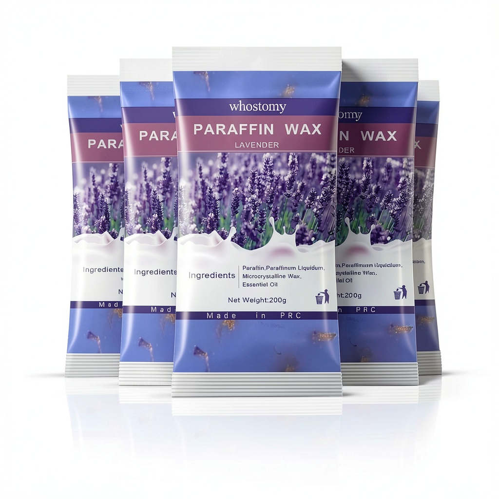 Installing Lavender Paraffin Wax Refill Kit Whostomy Premium on a wooden bathroom countertop
