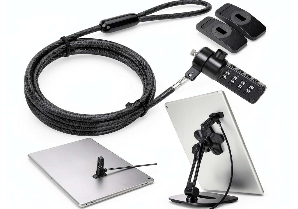 AboveTEK laptop lock installed on a wooden desk